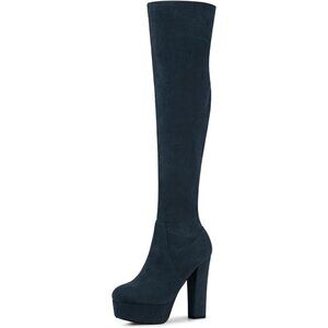 Women Navy Blue Suede Chunky Heel Rounded Toe Over the Knee Thigh High Boots